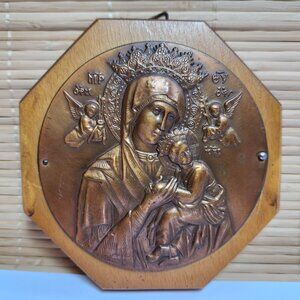 Our Lady of Perpetual Help Virgin Mary Religious Copper Wall Hanging Oak Base